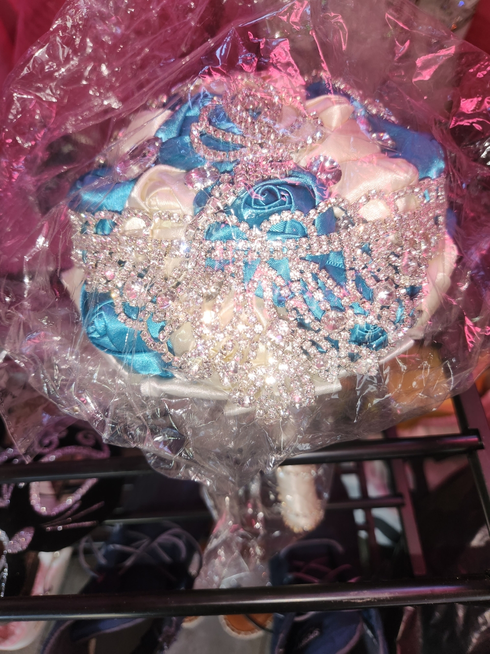 Elegant Turquoise and White Decorative Bridal Bouquet with Crystal Accents